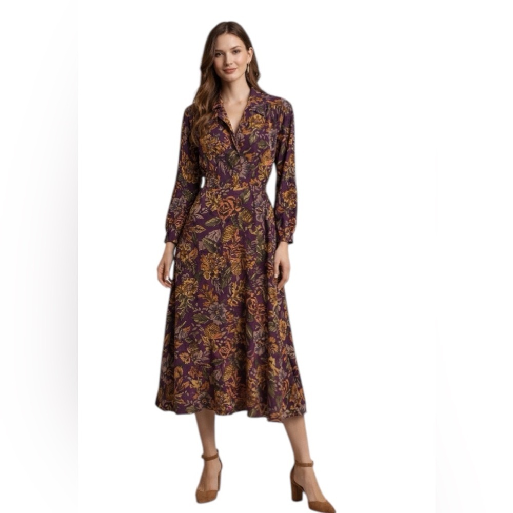 Vintage Misho 100% Silk Floral Midi Dress Size 8 Purple Boho Romantic